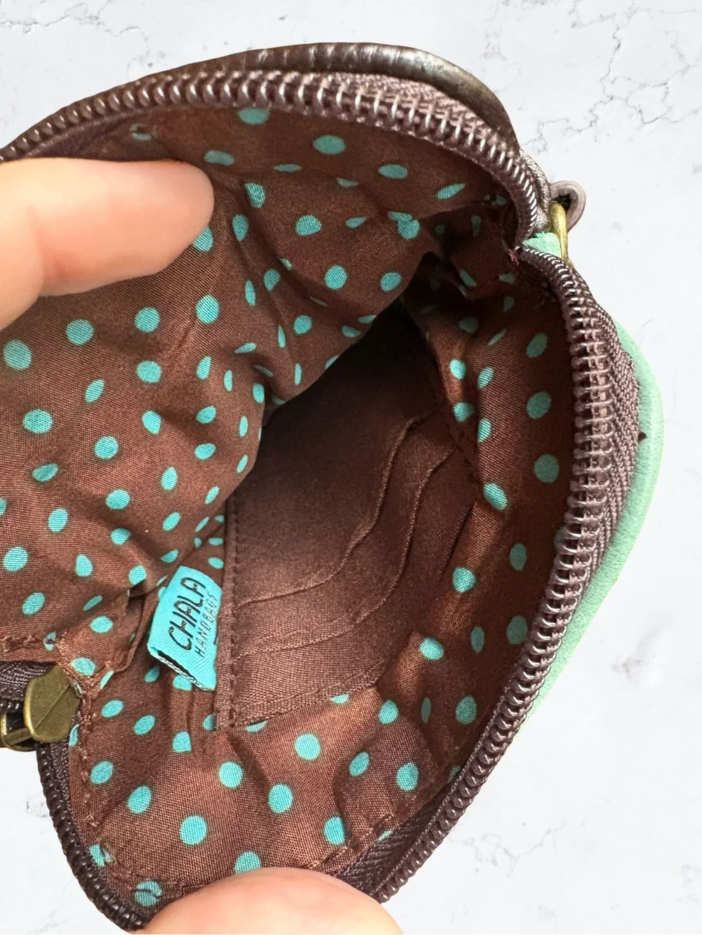 Chala Mint Green Crossbody with Red Ladybug and Brown Trim